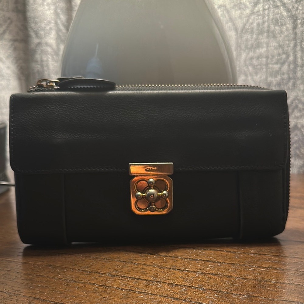 Chloe Black Leather Clutch with Gold Detail